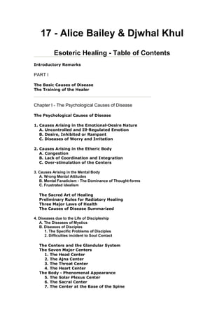 17 - Alice Bailey & Djwhal Khul
Esoteric Healing - Table of Contents
Introductory Remarks
PART I
The Basic Causes of Disease
The Training of the Healer
Chapter I - The Psychological Causes of Disease
The Psychological Causes of Disease
1. Causes Arising in the Emotional-Desire Nature
A. Uncontrolled and Ill-Regulated Emotion
B. Desire, Inhibited or Rampant
C. Diseases of Worry and Irritation
2. Causes Arising in the Etheric Body
A. Congestion
B. Lack of Coordination and Integration
C. Over-stimulation of the Centers
3. Causes Arising in the Mental Body
A. Wrong Mental Attitudes
B. Mental Fanaticism - The Dominance of Thought-forms
C. Frustrated Idealism
The Sacred Art of Healing
Preliminary Rules for Radiatory Healing
Three Major Laws of Health
The Causes of Disease Summarized
4. Diseases due to the Life of Discipleship
A. The Diseases of Mystics
B. Diseases of Disciples
1. The Specific Problems of Disciples
2. Difficulties incident to Soul Contact
The Centers and the Glandular System
The Seven Major Centers
1. The Head Center
2. The Ajna Center
3. The Throat Center
4. The Heart Center
The Body - Phenomenal Appearance
5. The Solar Plexus Center
6. The Sacral Center
7. The Center at the Base of the Spine
 