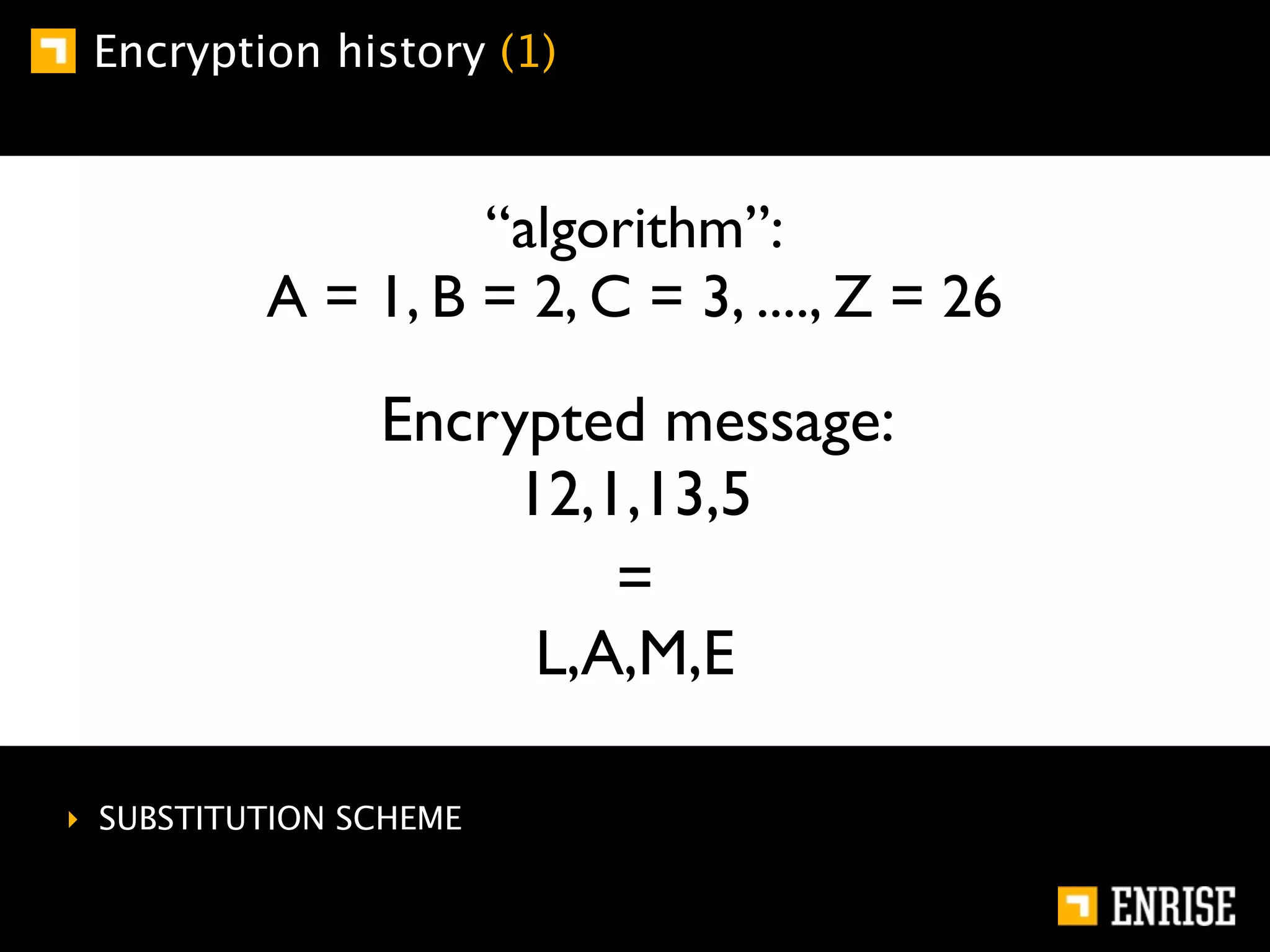 Encryption history (1)



                   “algorithm”:
          A = 1, B = 2, C = 3, ...., Z = 26

                Encrypted message:
                     12,1,13,5
                         =
                      L,A,M,E

‣ SUBSTITUTION SCHEME
 