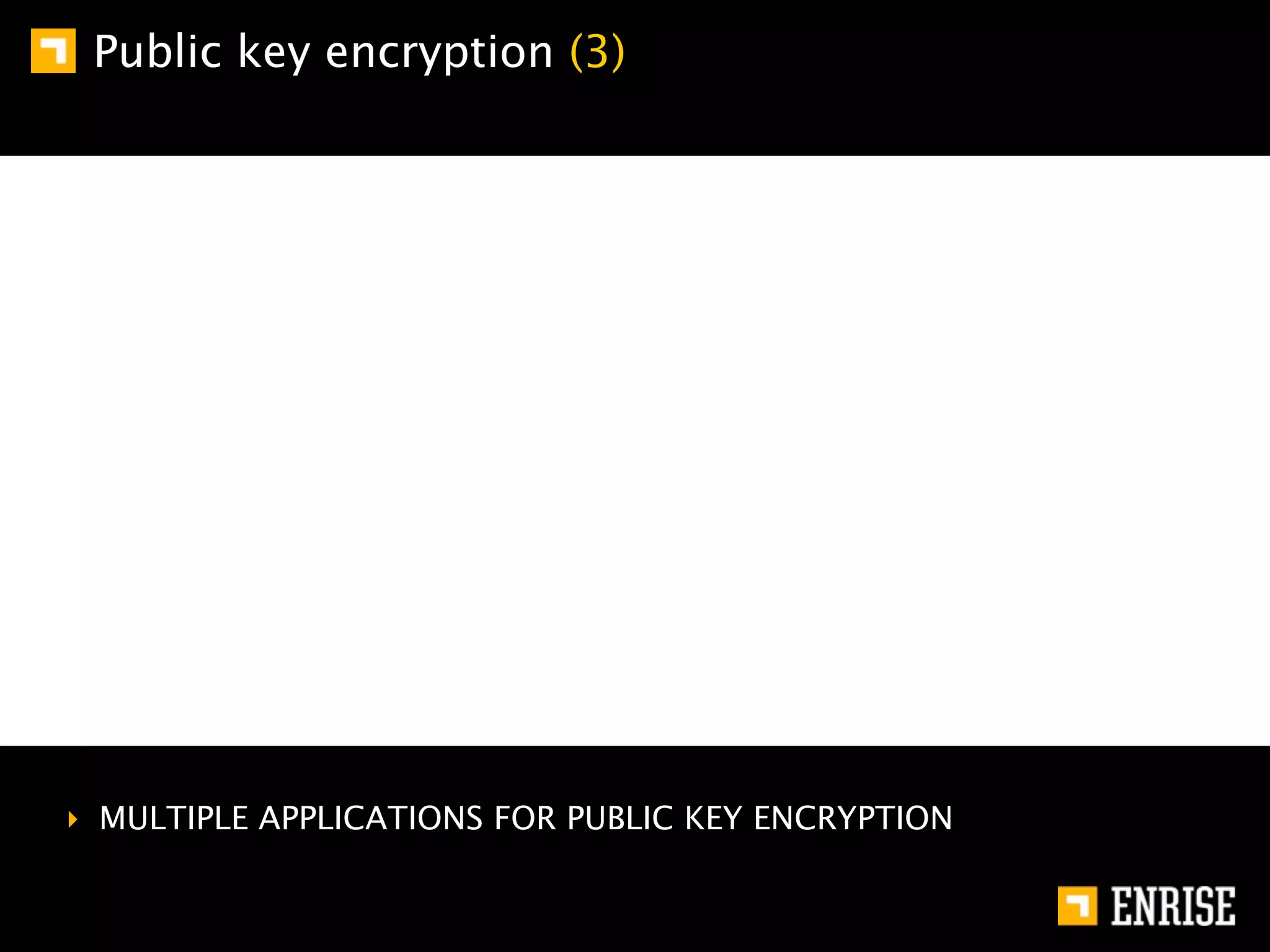 Public key encryption (3)




‣ MULTIPLE APPLICATIONS FOR PUBLIC KEY ENCRYPTION
 