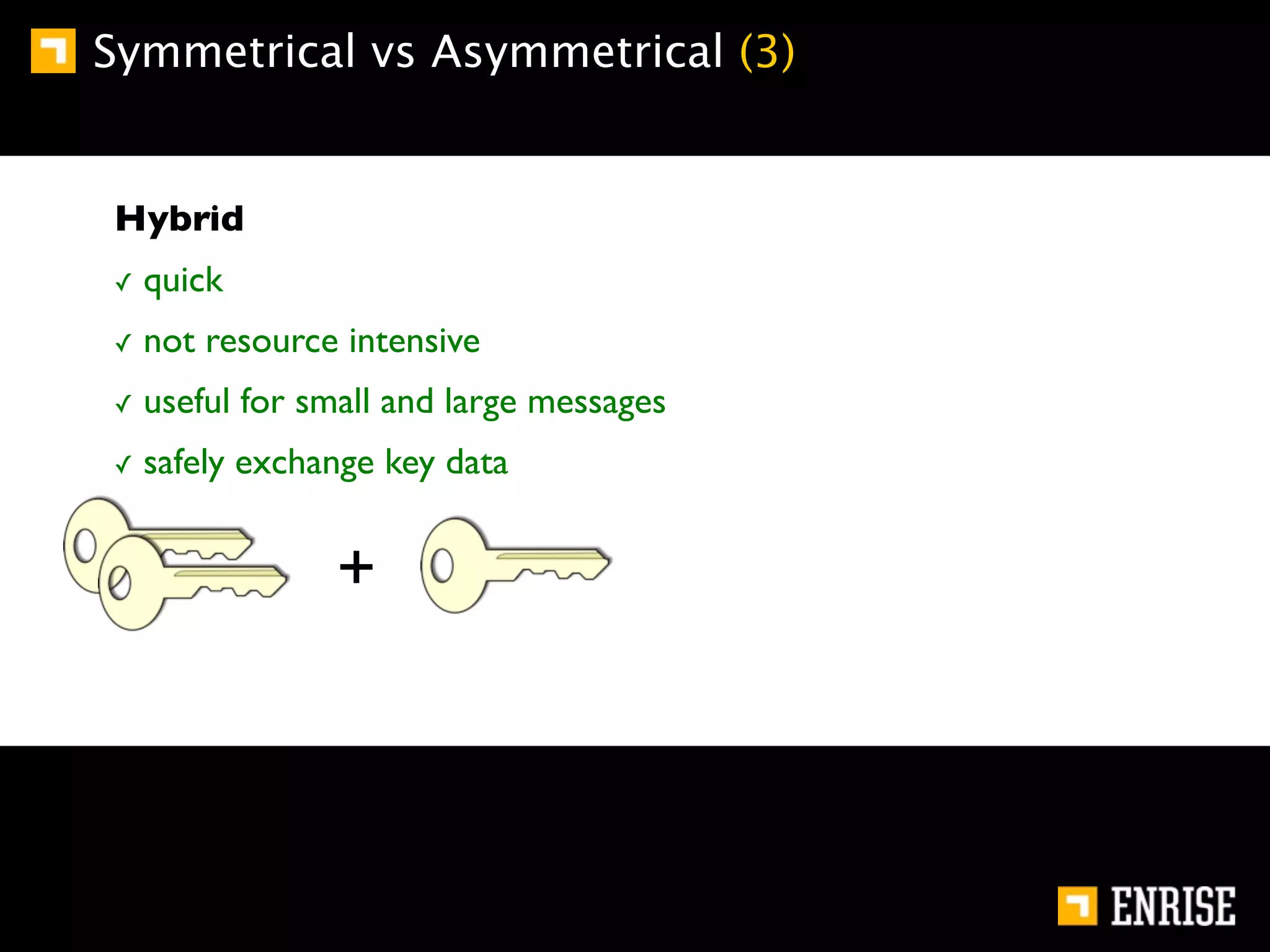 Symmetrical vs Asymmetrical (3)


Hybrid
✓   quick
✓   not resource intensive
✓   useful for small and large messages
✓   safely exchange key data


                +
 