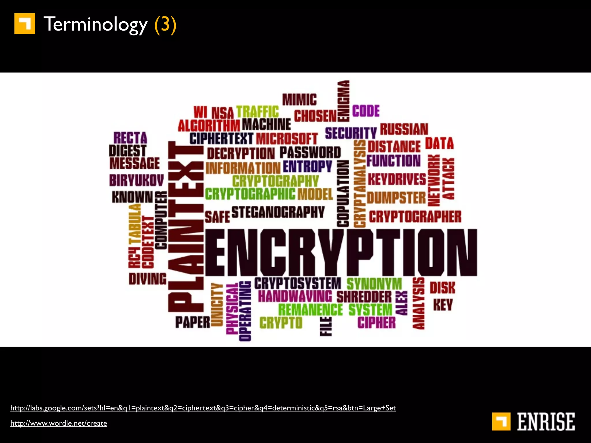 Terminology (3)




http://labs.google.com/sets?hl=en&q1=plaintext&q2=ciphertext&q3=cipher&q4=deterministic&q5=rsa&btn=Large+Set
http://www.wordle.net/create
 