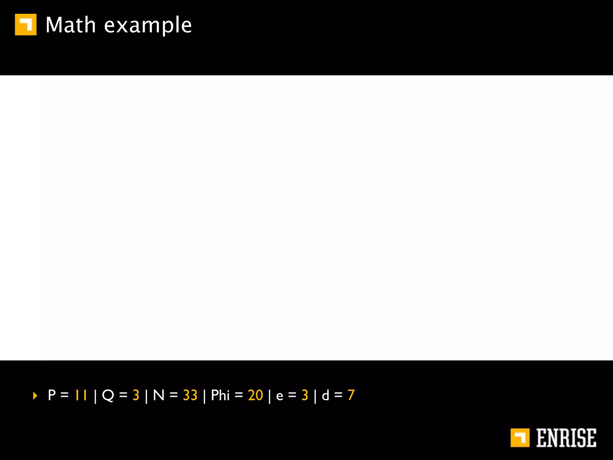 Math example




‣ P = 11 | Q = 3 | N = 33 | Phi = 20 | e = 3 | d = 7
 