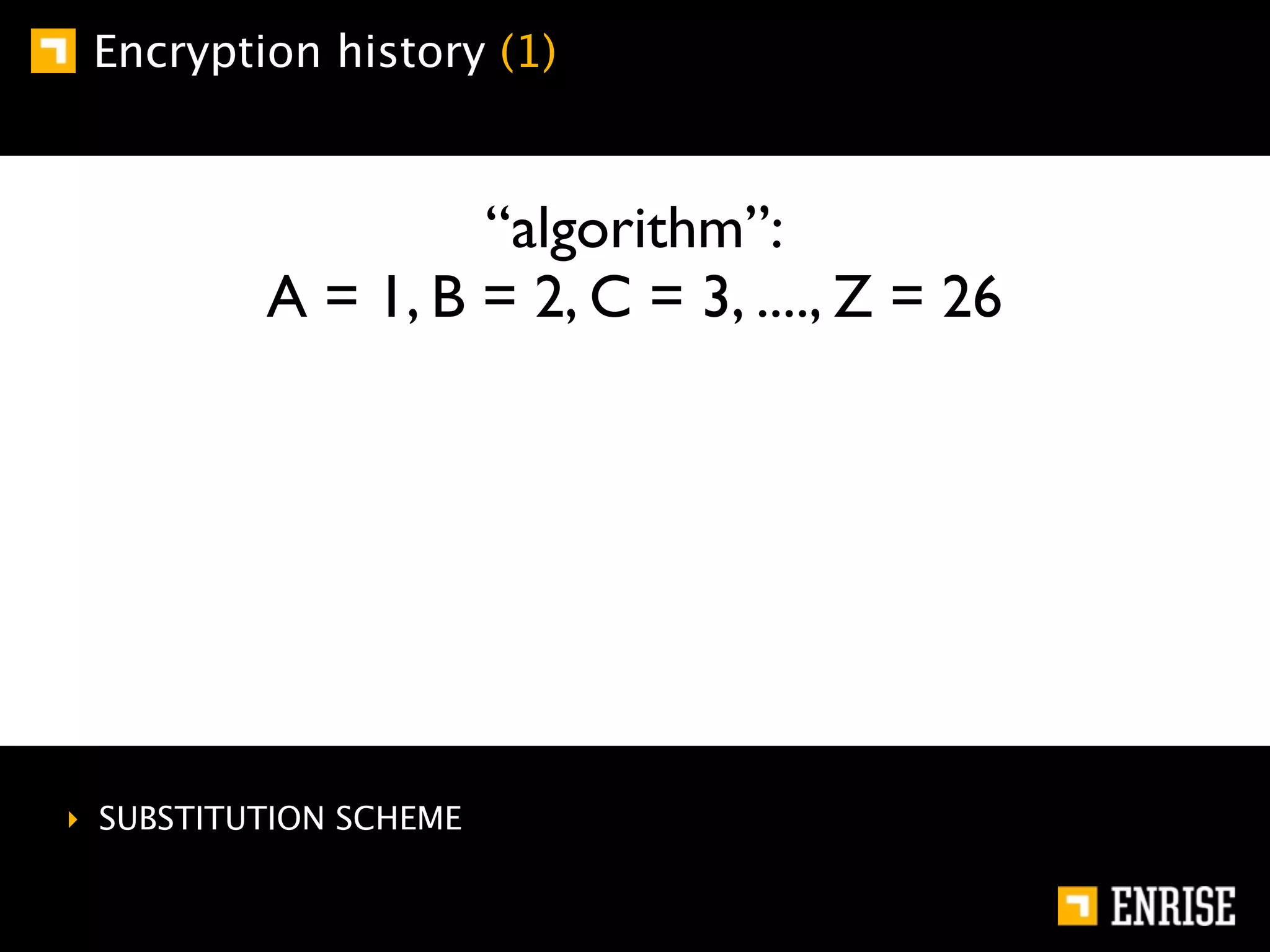 Encryption history (1)



                   “algorithm”:
          A = 1, B = 2, C = 3, ...., Z = 26




‣ SUBSTITUTION SCHEME
 