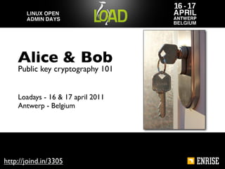 Alice & Bob
    Public key cryptography 101


    Loadays - 16 & 17 april 2011
    Antwerp - Belgium




http://joind.in/3305
 