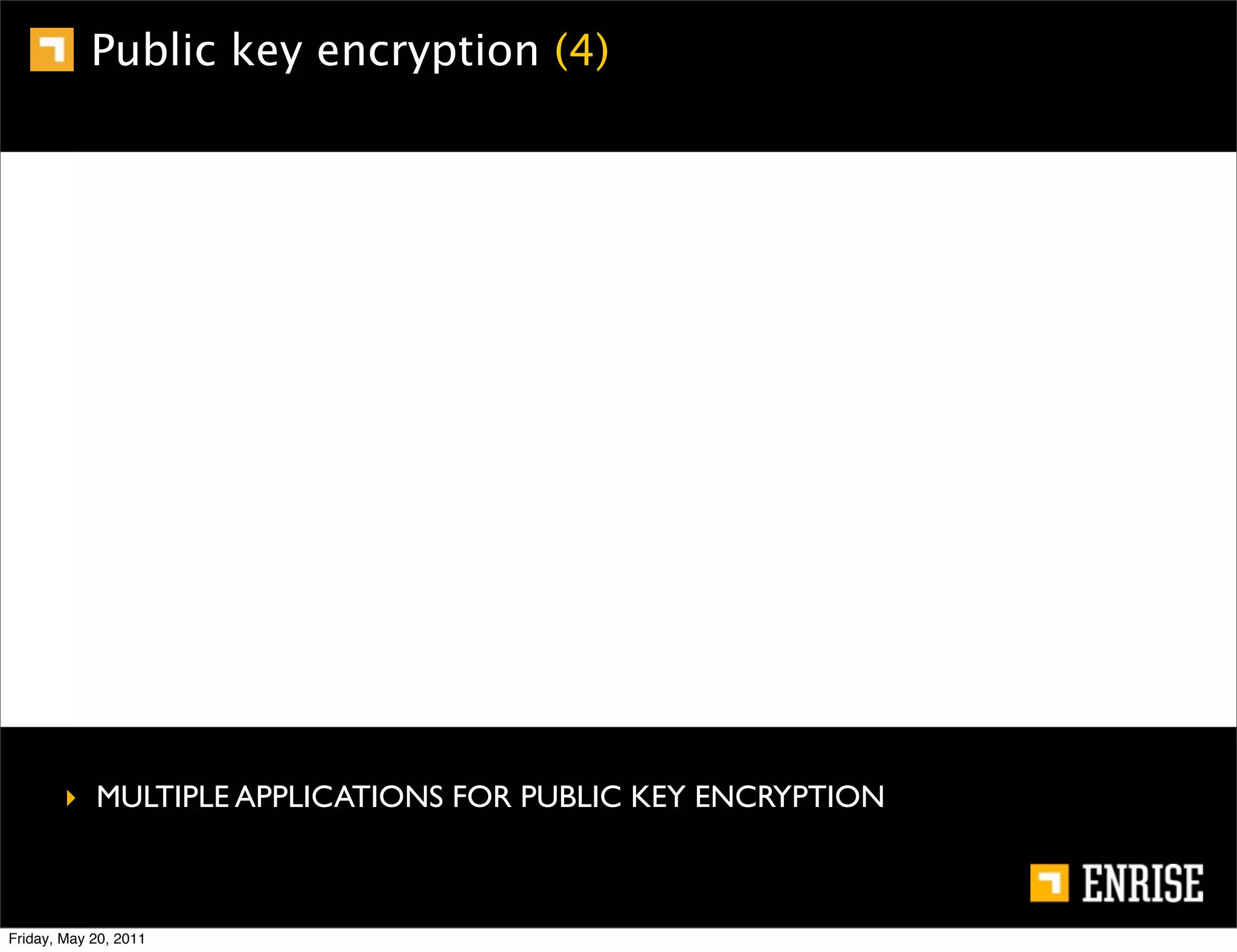 Public key encryption (4)




        ‣ MULTIPLE APPLICATIONS FOR PUBLIC KEY ENCRYPTION



Friday, May 20, 2011
 