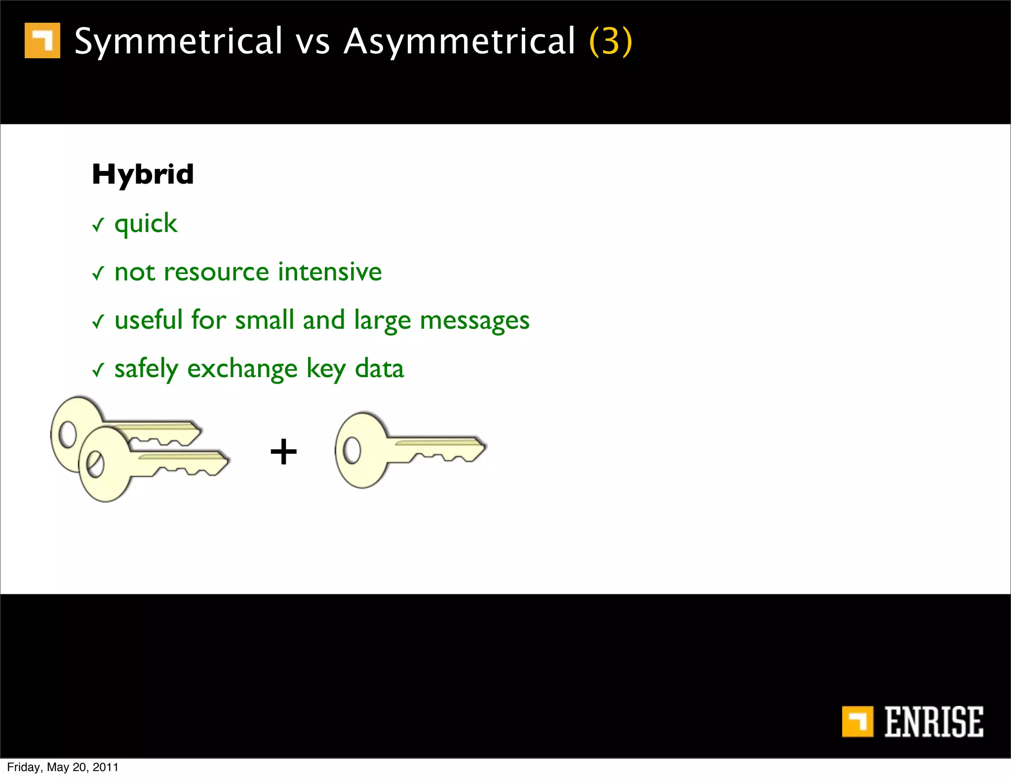 Symmetrical vs Asymmetrical (3)


              Hybrid
              ✓    quick
              ✓    not resource intensive
              ✓    useful for small and large messages
              ✓    safely exchange key data


                               +




Friday, May 20, 2011
 