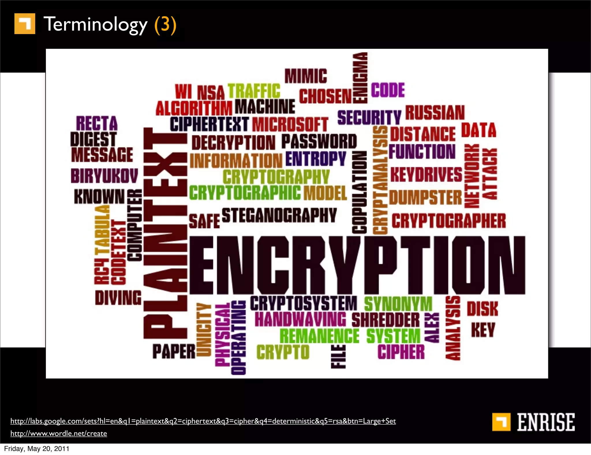 Terminology (3)




 http://labs.google.com/sets?hl=en&q1=plaintext&q2=ciphertext&q3=cipher&q4=deterministic&q5=rsa&btn=Large+Set
 http://www.wordle.net/create
Friday, May 20, 2011
 