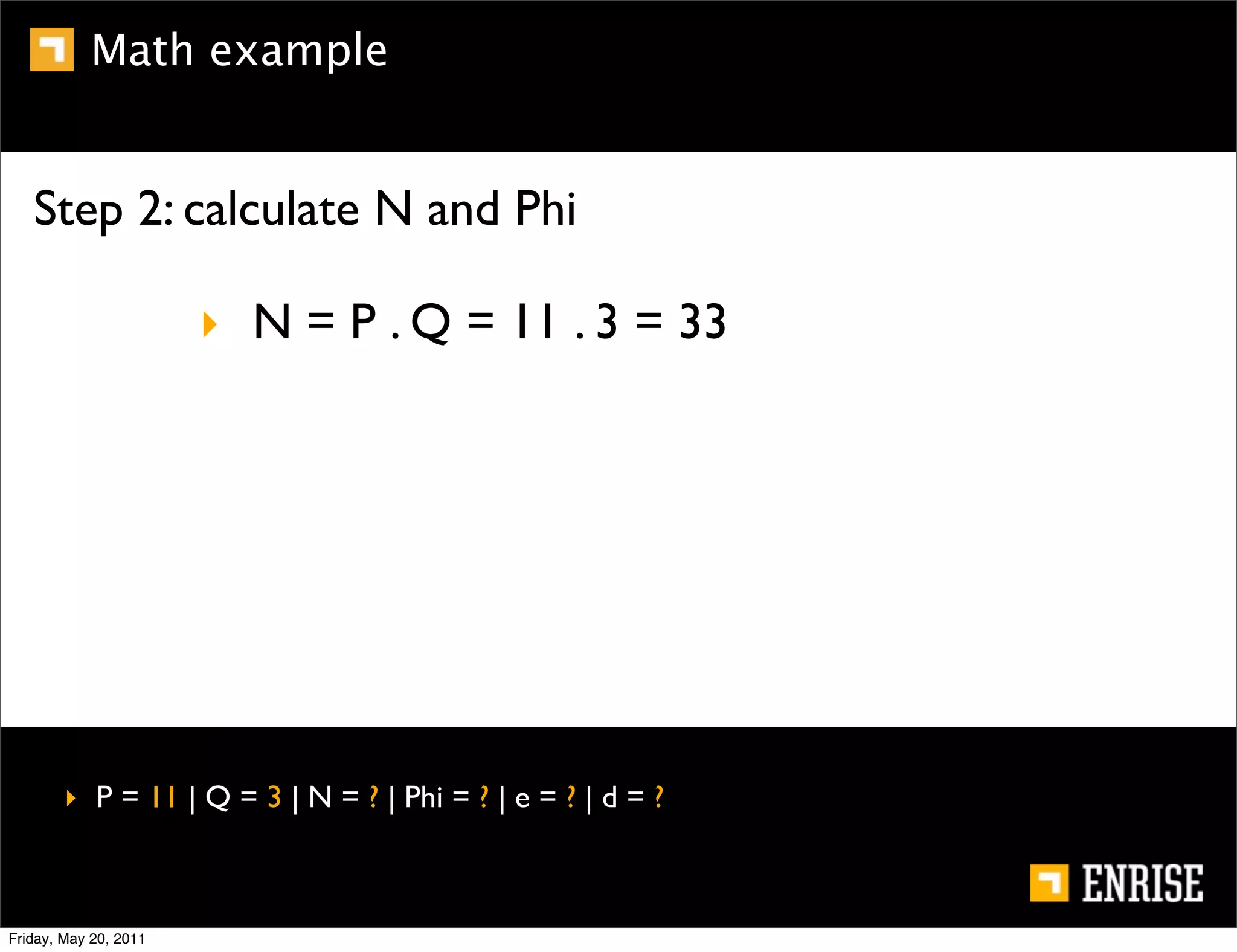Math example


   Step 2: calculate N and Phi

                       ‣ N = P . Q = 11 . 3 = 33




        ‣ P = 11 | Q = 3 | N = ? | Phi = ? | e = ? | d = ?



Friday, May 20, 2011
 