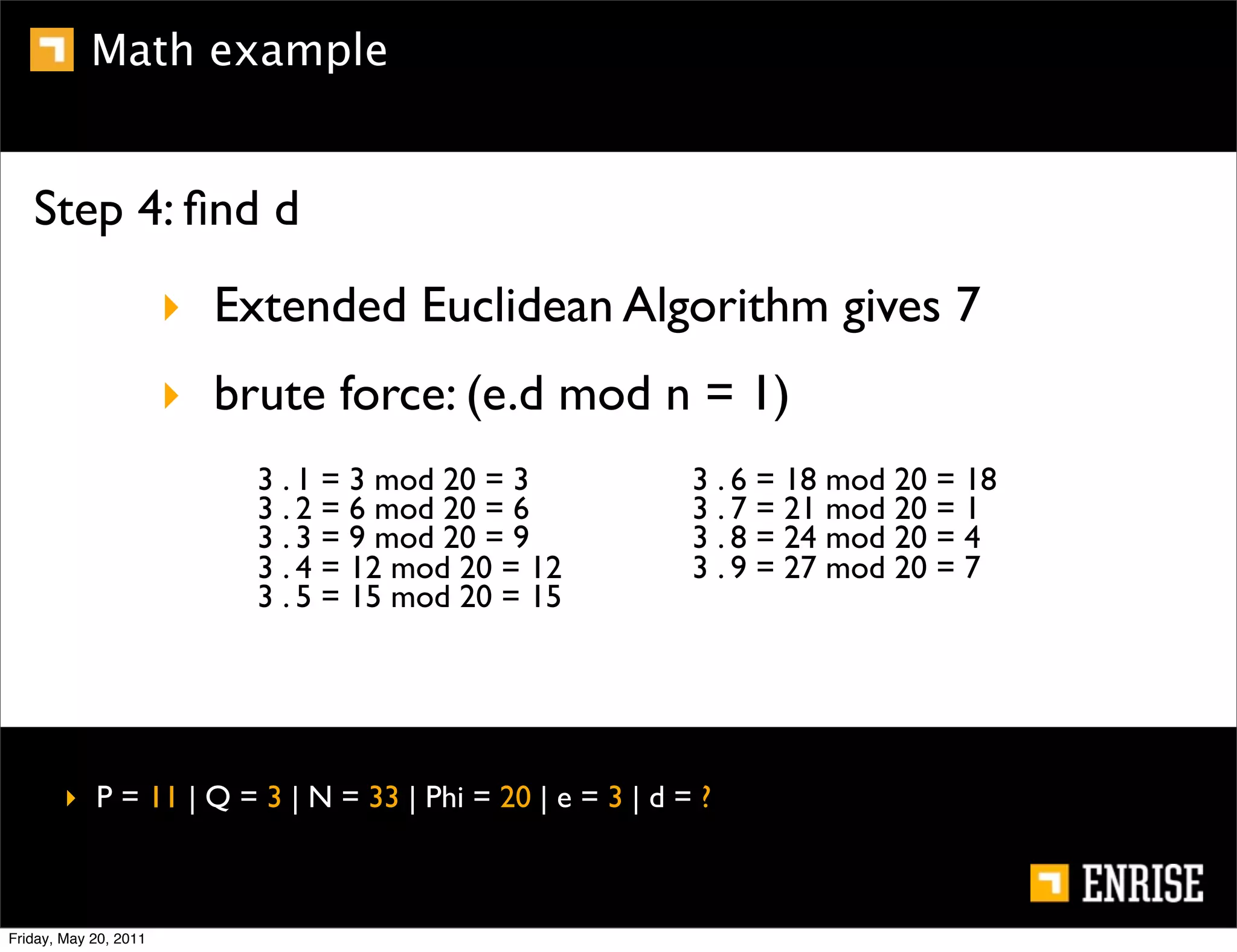 Math example


   Step 4: ﬁnd d
                       ‣ Extended Euclidean Algorithm gives 7
                       ‣ brute force: (e.d mod n = 1)
                           3 . 1 = 3 mod 20 = 3           3 . 6 = 18 mod 20 = 18
                           3 . 2 = 6 mod 20 = 6           3 . 7 = 21 mod 20 = 1
                           3 . 3 = 9 mod 20 = 9           3 . 8 = 24 mod 20 = 4
                           3 . 4 = 12 mod 20 = 12         3 . 9 = 27 mod 20 = 7
                           3 . 5 = 15 mod 20 = 15




        ‣ P = 11 | Q = 3 | N = 33 | Phi = 20 | e = 3 | d = ?



Friday, May 20, 2011
 