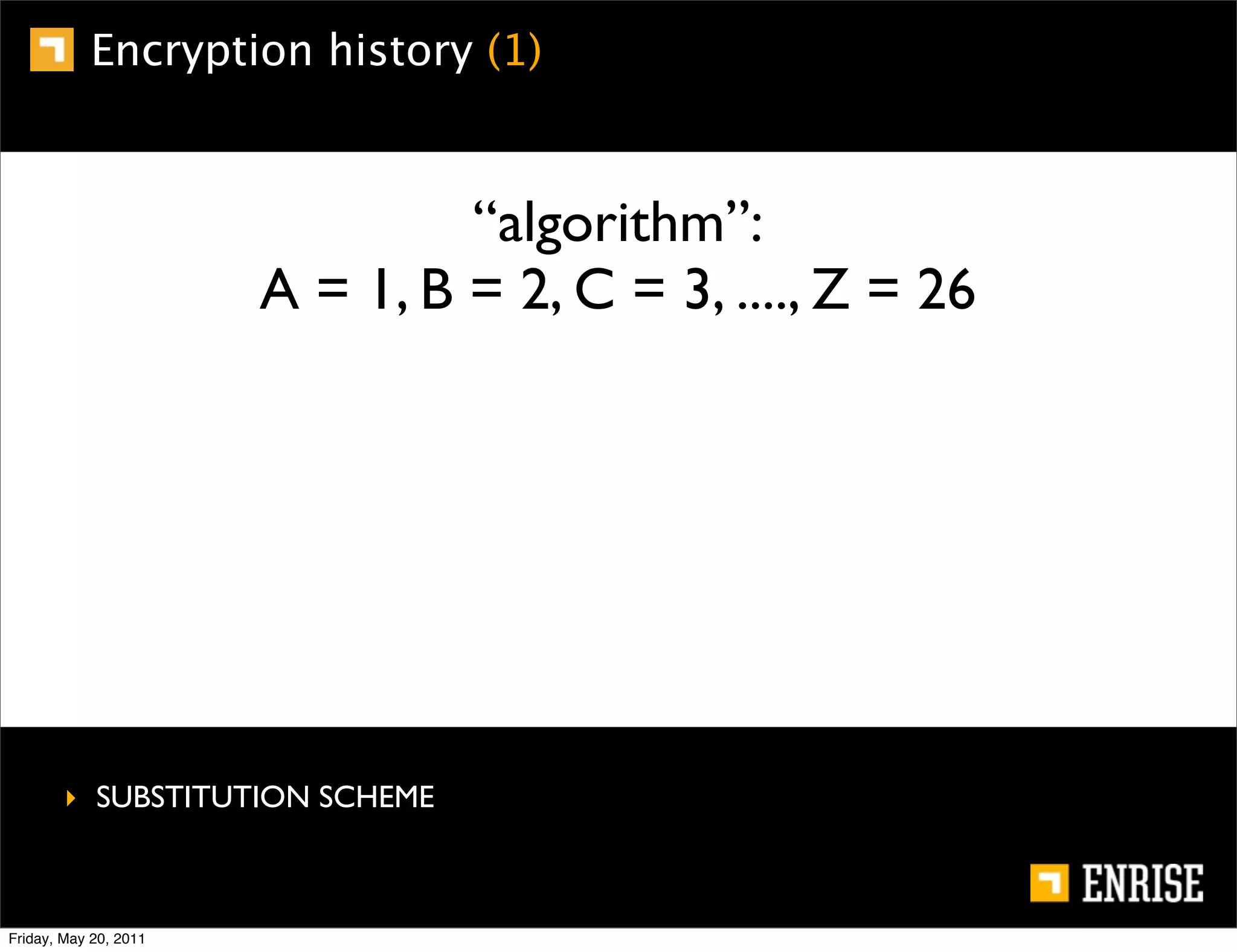 Encryption history (1)



                                “algorithm”:
                       A = 1, B = 2, C = 3, ...., Z = 26




        ‣ SUBSTITUTION SCHEME



Friday, May 20, 2011
 