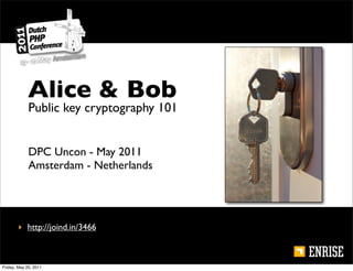 Alice & Bob
             Public key cryptography 101


             DPC Uncon - May 2011
             Amsterdam - Netherlands




        ‣ http://joind.in/3466



Friday, May 20, 2011
 