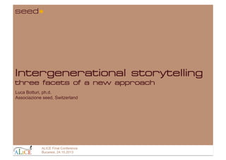 seed

Intergenerational storytelling
three facets of a new approach
Luca Botturi, ph.d.
Associazione seed, Switzerland

ALICE Final Conference
Bucarest, 24.10.2013

 
