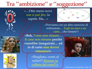 Tra ’’ambizione’’ e ‘’soggezione’’
       «…Otto meno nove
        non si può fare, lo
         sapete. Ma…»
                     «Proviamo con un altro esercizio di
                      sottrazione… Togli un osso a un
                            cane… che rimane?»
       «Beh, l’osso non rimane…
       Il cane non rimane perché
       vorrebbe inseguirmi… ed
          io di certo non dovrei
                rimanere!»
            «Sbagliato, come al
             solito!!! Rimane la
            collera del cane!!!»
                                     Attraverso lo Specchio, Cap. IX
 