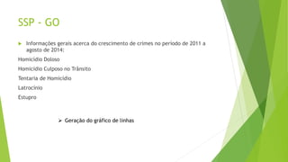 SSP - GO 
 Informações gerais acerca do crescimento de crimes no período de 2011 a 
agosto de 2014: 
Homicídio Doloso 
Homicídio Culposo no Trânsito 
Tentaria de Homicídio 
Latrocínio 
Estupro 
 Geração do gráfico de linhas 
 