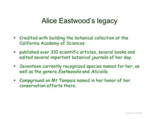 Alice Eastwood’s legacy
 Credited with building the botanical collection at the
California Academy of Sciences
 published over 310 scientific articles, several books and
edited several important botanical journals of her day.
 Seventeen currently recognized species named for her, as
well as the genera Eastwoodia and Aliciella.
 Campground on Mt Tampais named in her honor of her
conservation efforts there.
© Project SOUND
 