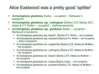 Alice Eastwood was a pretty good ‘splitter’
 Arctostaphylos glandulosa Eastw. -- accepted -- Eastwood's
manzanita
 Arctostaphylos glandulosa ssp. cushingiana (Eastw.) J.E. Keeley, M.C.
Vasey & V.T. Parker -- accepted -- Cushing manzanita
 Arctostaphylos glandulosa ssp. glandulosa Eastw. -- accepted --
Eastwood's manzanita
 Arctostaphylos glandulosa ssp. howellii (Eastw.) P.V. Wells -- not accepted
 Arctostaphylos glandulosa ssp. zacaensis (Eastw.) P.V. Wells -- not accepted
-- Zaca's manzanita
 Arctostaphylos glandulosa var. campbelliae (Eastw.) J.E. Adams ex McMinn -
- not accepted
 Arctostaphylos glandulosa var. cushingiana (Eastw.) J.E. Adams ex McMinn -
- not accepted
 Arctostaphylos glandulosa var. howellii (Eastw.) J.E. Adams ex McMinn --
not accepted
 Arctostaphylos glandulosa var. virgata (Eastw.) Jeps. -- not accepted
 Arctostaphylos glandulosa var. zacaensis (Eastw.) J.E. Adams ex McMinn --
not accepted
© Project SOUND
 