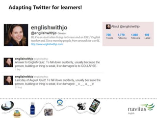 Browse transcripts and summaries of past topics on ELTchat.comA taste of #ELTchat...Pedagogy comes before technology but tech. is also changing educational objectivesWere graduating students into new societies #ELTchatOk, we're all sold on it, but we're chatting on twitter. Many teachers don't even use social media at all. Just saying like! ; ) #ELTchatRT @inigral: @ShellTerrellteachers need to be encouraged to actively experiment! Waiting for training on new things will cause paralysis #ELTchat@nutrich #ELTchatMuch lies in preservice teacher training@nutrichtrue.. Started at new centre 2 weeks ago C 15 efl teachers, none on twitter, blogs, plns etc. C and all of them young (ish) #eltchat