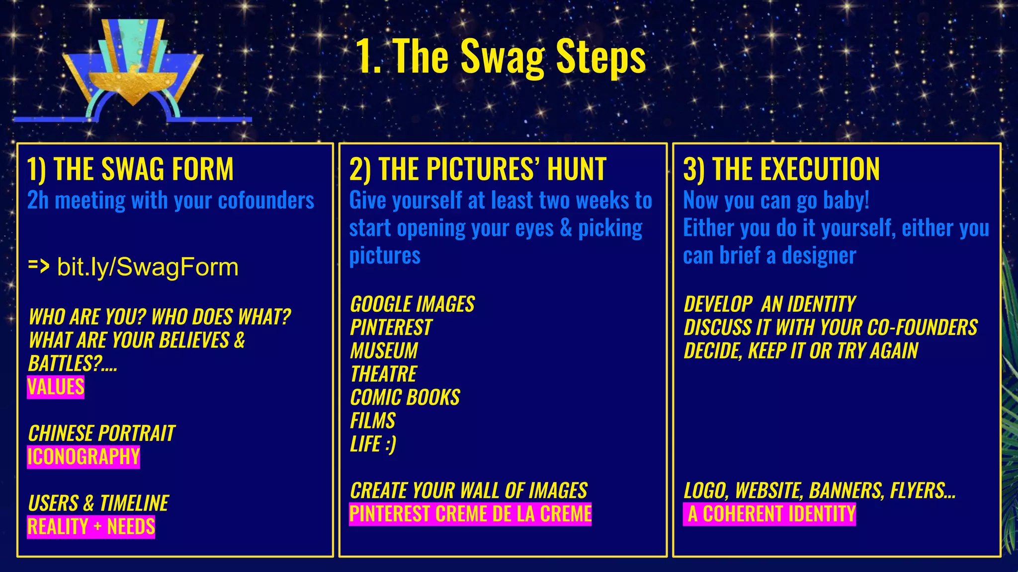 1. The Swag Steps
1) THE SWAG FORM
2h meeting with your cofounders
=> bit.ly/SwagForm
WHO ARE YOU? WHO DOES WHAT?
WHAT ARE YOUR BELIEVES &
BATTLES?….
VALUES
CHINESE PORTRAIT
ICONOGRAPHY
USERS & TIMELINE
REALITY + NEEDS
2) THE PICTURES’ HUNT
Give yourself at least two weeks to
start opening your eyes & picking
pictures
GOOGLE IMAGES
PINTEREST
MUSEUM
THEATRE
COMIC BOOKS
FILMS
LIFE :)
CREATE YOUR WALL OF IMAGES
PINTEREST CREME DE LA CREME
3) THE EXECUTION
Now you can go baby!
Either you do it yourself, either you
can brief a designer
DEVELOP AN IDENTITY
DISCUSS IT WITH YOUR CO-FOUNDERS
DECIDE, KEEP IT OR TRY AGAIN
LOGO, WEBSITE, BANNERS, FLYERS…
A COHERENT IDENTITY
 