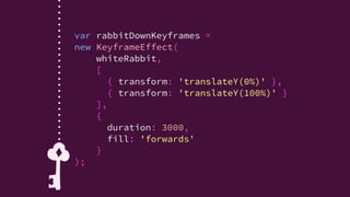Familiar Keyframe timing options
duration = transition/animation-duration
delay = transition/animation-delay
fill = animation-fill-mode
iterations = animation-iteration-count
direction = animation-direction
easing = transition/animation-timing-function;
Defaults to linear.
 