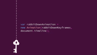 whiteRabbit.removeEventListener(
"click", downHeGoes);
function downHeGoes() {
}
whiteRabbit.addEventListener("click",
downHeGoes);
rabbitDownAnimation.play();
 