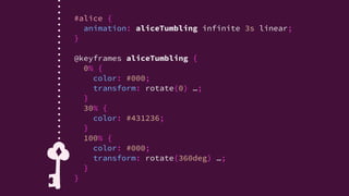 var aliceKeyframes = [
{
transform: 'rotate(0) …',
color: '#000'
},
{
color: '#431236',
},
{
transform: 'rotate(360deg) …',
color: '#000'
}
];
offset: 0.3
 