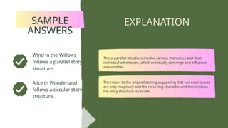 Alice in Wonderland
follows a circular story
structure.
Wind in the Willows
follows a parallel story
structure.
These parallel storylines involve various characters and their
individual adventures, which eventually converge and influence
one another.
The return to the original setting suggesting that her experiences
are only imaginary and the recurring character and theme show
the story structure is circular.
EXPLANATION
SAMPLE
ANSWERS
 