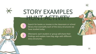 1
2
STORY EXAMPLES
HUNT ACTIVITY
Search for books or movies in the classroom or school
library that exemplify each of the story structures we
have studied today.
Afterward, each student or group will share their
findings and explain how they align with different
story structures.
 