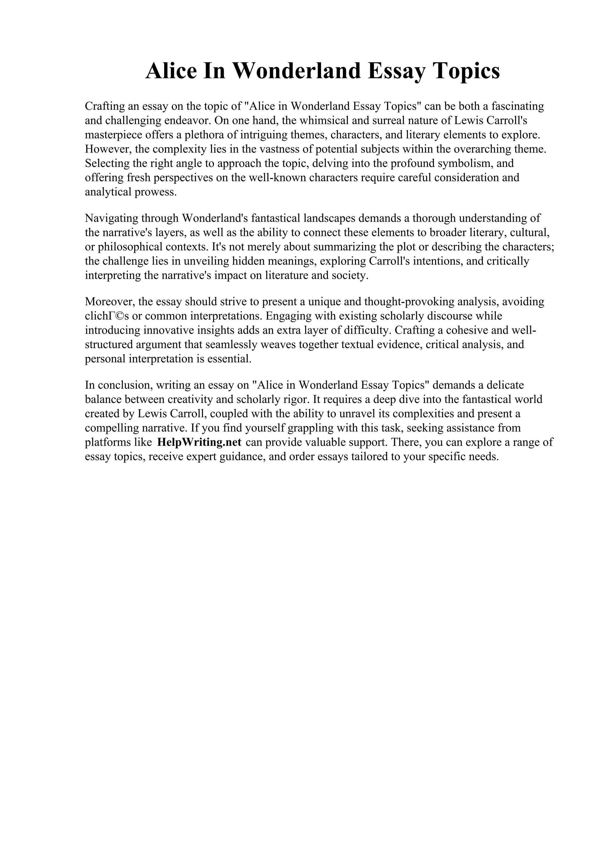 Alice In Wonderland Essay Topics. Alice in wonderland book report ...