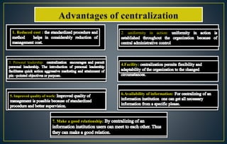 1. Reduces the burden on the top executives:
Decentralization relieves the top executives of the burden of
performing vari...