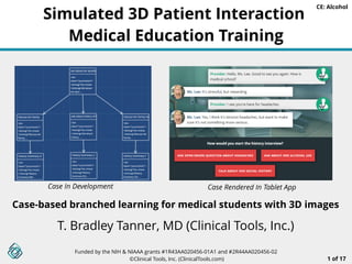 Funded by the NIH & NIAAA grants #1R43AA020456-01A1 and #2R44AA020456-02
©Clinical Tools, Inc. (ClinicalTools.com) 1 of 17
Simulated 3D Patient Interaction
Medical Education Training
Case-based branched learning for medical students with 3D images
T. Bradley Tanner, MD (Clinical Tools, Inc.)
CE: Alcohol
Case In Development Case Rendered In Tablet App
 