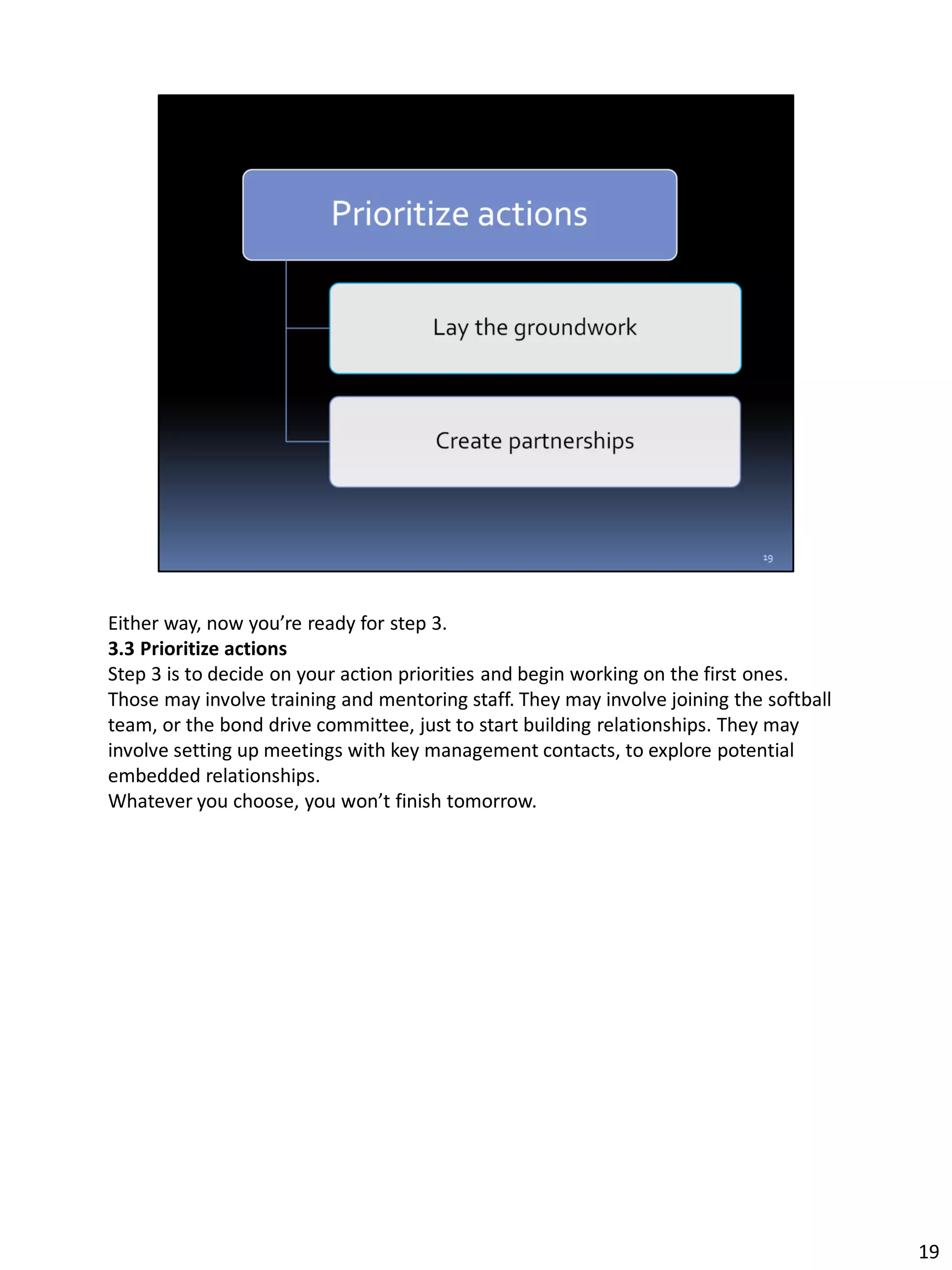 Either way, now you’re ready for step 3.
3.3 Prioritize actions
Step 3 is to decide on your action priorities and begin working on the first ones.
Those may involve training and mentoring staff. They may involve joining the softball
team, or the bond drive committee, just to start building relationships. They may
involve setting up meetings with key management contacts, to explore potential
embedded relationships.
Whatever you choose, you won’t finish tomorrow.
19
 