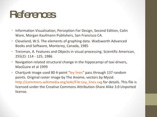 References Information Visualisation, Perception For Design, Second Edition, Colin Ware, Morgan Kaufmann Publishers, San Francisco CA.  Cleveland, W.S. The elements of graphing data. Wadsworth Advanced Books and Software, Monterey, Canada, 1985 Treisman, A. Features and Objects in visual processing. Scientific American, 255(2): 114 - 125, 1986  Navigation-related structural change in the hippocampi of taxi drivers, MacGuire et al 1999 Chartjunk image used 80 4-point " ley lines " pass through 137 random points. Original raster image by The Anome, vectors by Mysid.  http://commons.wikimedia.org/wiki/File:Ley_lines.svg  for details. This file is licensed under the Creative Commons Attribution-Share Alike 3.0 Unported license. 