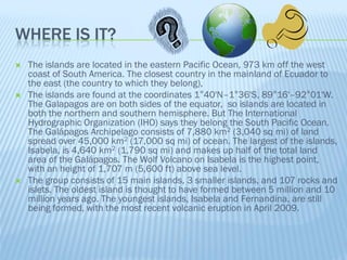 WHERE IS IT?
   The islands are located in the eastern Pacific Ocean, 973 km off the west
    coast of South America. The closest country in the mainland of Ecuador to
    the east (the country to which they belong),
   The islands are found at the coordinates 1°40'N–1°36'S, 89°16'–92°01'W.
    The Galapagos are on both sides of the equator, so islands are located in
    both the northern and southern hemisphere. But The International
    Hydrographic Organization (IHO) says they belong the South Pacific Ocean.
    The Galápagos Archipelago consists of 7,880 km2 (3,040 sq mi) of land
    spread over 45,000 km2 (17,000 sq mi) of ocean. The largest of the islands,
    Isabela, is 4,640 km2 (1,790 sq mi) and makes up half of the total land
    area of the Galápagos. The Wolf Volcano on Isabela is the highest point,
    with an height of 1,707 m (5,600 ft) above sea level.
   The group consists of 15 main islands, 3 smaller islands, and 107 rocks and
    islets. The oldest island is thought to have formed between 5 million and 10
    million years ago. The youngest islands, Isabela and Fernandina, are still
    being formed, with the most recent volcanic eruption in April 2009.
 