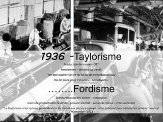 vendredi 15 juin 2018 10
1936 -Taylorisme
Production de masse – OST
Rendement – division du travail
’ Un bon ouvrier fait ce qu'on lui dit et ne discute pas’
Pas de place pour l’imprévu - démotivant…
……..Fordisme
Standardisation des tâches – convoyeur
Gains de productivités reversés - pouvoir d’achat – conso de masse – croissance éco
’Le taylorisme n'est qu'une généralisation du travail aux pièces employé par le patronat pour réduire les salaires.’ Journal
l'Humanité – 1913
 