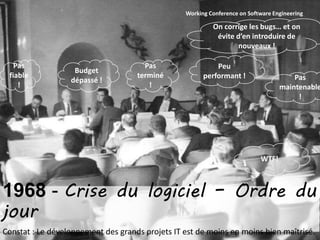15
Working Conference on Software Engineering
1968 - Crise du logiciel – Ordre du
jour
Constat : Le développement des grands projets IT est de moins en moins bien maîtrisé.
Pas
fiable
!
Budget
dépassé !
Pas
terminé
!
Peu
performant !
On corrige les bugs… et on
évite d’en introduire de
nouveaux !
Pas
maintenable
!
WTF!
 