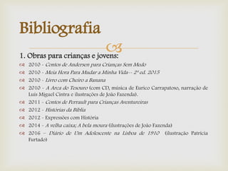 1. Obras para crianças e jovens:
 2010 - Contos de Andersen para Crianças Sem Medo
 2010 - Meia Hora Para Mudar a Minha Vida-- 2ª ed. 2015
 2010 - Livro com Cheiro a Banana
 2010 - A Arca do Tesouro (com CD, música de Eurico Carrapatoso, narração de
Luís Miguel Cintra e ilustrações de João Fazenda).
 2011 - Contos de Perrault para Crianças Aventureiras
 2012 - Histórias da Bíblia
 2012 - Expressões com História
 2014 - A velha caixa; A bela moura (ilustrações de João Fazenda)
 2016 – Diário de Um Adolescente na Lisboa de 1910 (ilustração Patrícia
Furtado)
Bibliografia
 