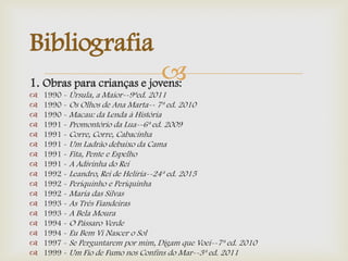 1. Obras para crianças e jovens:
 1990 - Úrsula, a Maior--9ªed. 2011
 1990 - Os Olhos de Ana Marta-- 7ª ed. 2010
 1990 - Macau: da Lenda à História
 1991 - Promontório da Lua--6ª ed. 2009
 1991 - Corre, Corre, Cabacinha
 1991 - Um Ladrão debaixo da Cama
 1991 - Fita, Pente e Espelho
 1991 - A Adivinha do Rei
 1992 - Leandro, Rei de Helíria--24ª ed. 2015
 1992 - Periquinho e Periquinha
 1992 - Maria das Silvas
 1993 - As Três Fiandeiras
 1993 - A Bela Moura
 1994 - O Pássaro Verde
 1994 - Eu Bem Vi Nascer o Sol
 1997 - Se Perguntarem por mim, Digam que Voei--7ª ed. 2010
 1999 - Um Fio de Fumo nos Confins do Mar--3ª ed. 2011
Bibliografia
 