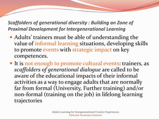 Scaffolders of generational diversity : Building an Zone of
Proximal Development for Intergenerational Learning
 Adults’ trainers must be able of understanding the
  value of informal learning situations, developing skills
  to promote events with strategic impact on key
  competences.
 It is not enough to promote cultural events: trainers, as
  scaffolders of generational dialogue are called to be
  aware of the educational impacts of their informal
  activities as a way to engage adults that are normally
  far from formal (University, Further training) and/or
  non-formal (training on the job) in lifelong learning
  trajectories
                    Adults Learning for Intergenerational Creative Experiences
                                  National Awareness Sessions
 