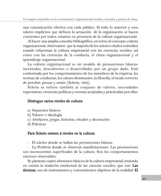 45
La imagen corporativa en la comunicación organizacional: teorías, conceptos y puntos de vistas.
una comunicación efectiva con cada público. Si todo lo anterior y esos
valores implícitos que definen la actuación de la organización se hacen
concientes por todos, estamos en presencia de la cultura organizacional.
Al hacer una amplia consulta bibliográfica, en torno al concepto cultura
organizacional, observamos que la mayoría de los autores citados coinciden
cuando relacionan la cultura empresarial con las creencias sociales, así
como con las creencias de la conducta, el clima organizacional y el
aprendizaje organizacional.
La cultura organizacional es un modelo de presunciones básicas-
inventadas, descubiertas o desarrolladas por un grupo dado. Está
conformada por los comportamientos de los miembros de la empresa, las
normas de conductas, los valores dominantes, la filosofía, el modo correcto
de percibir, pensar y sentir. (Schein, 1985).
Schein se refiere también al conjunto de valores, necesidades
expectativas, creencias políticas y normas aceptadas y practicadas por ellas.
Distingue varios niveles de cultura:Distingue varios niveles de cultura:Distingue varios niveles de cultura:Distingue varios niveles de cultura:Distingue varios niveles de cultura:
a) Supuestos básicos
b) Valores o ideología
c) Artefactos, jergas, historias, rituales y decoración
d) Prácticas
Para Schein existen 2 niveles en la cultura:Para Schein existen 2 niveles en la cultura:Para Schein existen 2 niveles en la cultura:Para Schein existen 2 niveles en la cultura:Para Schein existen 2 niveles en la cultura:
- El núcleo donde se hallan las presunciones básicas.
- La Periferia donde se observan manifestaciones. Las presunciones
son inconscientes superficiales de la cultura. Son los comportamientos
externos observables.
Se plantean cuatro elementos básicos de la cultura empresarial, teniendo
en cuenta la tradición intelectual de las ciencias sociales, que son: LasLasLasLasLas
técnicastécnicastécnicastécnicastécnicas, uso de instrumentos y conocimientos objetivos de la realidad. ElElElElEl
 