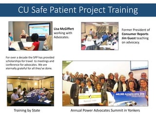 CU Safe Patient Project Training
Training by State Annual Power Advocates Summit in Yonkers
Former President of
Consumer Reports
Jim Guest teaching
on advocacy.
Lisa McGiffert
working with
Advocates.
For over a decade the SPP has provided
scholarships for travel to meetings and
conference for advocates. We are
eternally grateful for all they’ve done.
 