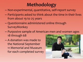 Methodology
– Non-experimental, quantitative, self-report survey
– Participants asked to think about the time in their lives
  from about 19 to 25 years
– Questionnaire administered online through
  SurveyMonkey
– Purposive sample of American men and women ages
  18 through 68
– A donation was made to
  the National September
  11 Memorial and Museum
  for each completed survey
 
