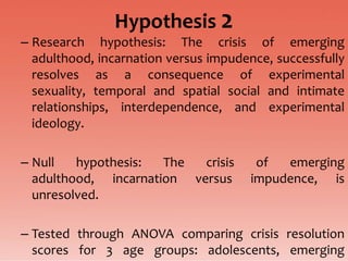 Hypothesis 2
– Research hypothesis: The crisis of emerging
  adulthood, incarnation versus impudence, successfully
  resolves as a consequence of experimental
  sexuality, temporal and spatial social and intimate
  relationships, interdependence, and experimental
  ideology.

– Null   hypothesis:  The  crisis       of  emerging
  adulthood, incarnation versus        impudence, is
  unresolved.

– Tested through ANOVA comparing crisis resolution
  scores for 3 age groups: adolescents, emerging
 