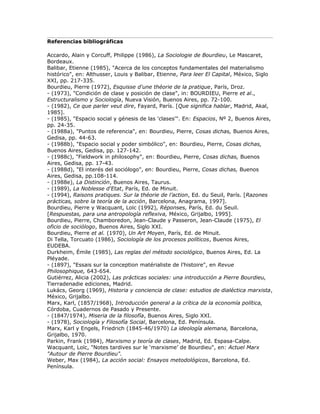 Referencias bibliográficas
Accardo, Alain y Corcuff, Philippe (1986), La Sociologie de Bourdieu, Le Mascaret,
Bordeaux.
Balibar, Etienne (1985), "Acerca de los conceptos fundamentales del materialismo
histórico", en: Althusser, Louis y Balibar, Etienne, Para leer El Capital, México, Siglo
XXI, pp. 217-335.
Bourdieu, Pierre (1972), Esquisse d'une théorie de la pratique, París, Droz.
- (1973), "Condición de clase y posición de clase", in: BOURDIEU, Pierre et al.,
Estructuralismo y Sociología, Nueva Visión, Buenos Aires, pp. 72-100.
- (1982), Ce que parler veut dire, Fayard, París. [Que significa hablar, Madrid, Akal,
1985].
- (1985), "Espacio social y génesis de las 'clases'". En: Espacios, Nº 2, Buenos Aires,
pp. 24-35.
- (1988a), "Puntos de referencia", en: Bourdieu, Pierre, Cosas dichas, Buenos Aires,
Gedisa, pp. 44-63.
- (1988b), "Espacio social y poder simbólico", en: Bourdieu, Pierre, Cosas dichas,
Buenos Aires, Gedisa, pp. 127-142.
- (1988c), "Fieldwork in philosophy", en: Bourdieu, Pierre, Cosas dichas, Buenos
Aires, Gedisa, pp. 17-43.
- (1988d), "El interés del sociólogo", en: Bourdieu, Pierre, Cosas dichas, Buenos
Aires, Gedisa, pp.108-114.
- (1988e), La Distinción, Buenos Aires, Taurus.
- (1989), La Noblesse d'Etat, París, Ed. de Minuit.
- (1994), Raisons pratiques. Sur la théorie de l’action, Ed. du Seuil, París. [Razones
prácticas, sobre la teoría de la acción, Barcelona, Anagrama, 1997].
Bourdieu, Pierre y Wacquant, Loïc (1992), Réponses, París, Ed. du Seuil.
[Respuestas, para una antropología reflexiva, México, Grijalbo, 1995].
Bourdieu, Pierre, Chamboredon, Jean-Claude y Passeron, Jean-Claude (1975), El
oficio de sociólogo, Buenos Aires, Siglo XXI.
Bourdieu, Pierre et al. (1970), Un Art Moyen, París, Ed. de Minuit.
Di Tella, Torcuato (1986), Sociología de los procesos políticos, Buenos Aires,
EUDEBA.
Durkheim, Émile (1985), Las reglas del método sociológico, Buenos Aires, Ed. La
Pléyade.
- (1897), "Essais sur la conception matérialiste de l’histoire", en Revue
Philosophique, 643-654.
Gutiérrez, Alicia (2002), Las prácticas sociales: una introducción a Pierre Bourdieu,
Tierradenadie ediciones, Madrid.
Lukács, Georg (1969), Historia y conciencia de clase: estudios de dialéctica marxista,
México, Grijalbo.
Marx, Karl, (1857/1968), Introducción general a la crítica de la economía política,
Córdoba, Cuadernos de Pasado y Presente.
- (1847/1974), Miseria de la filosofía, Buenos Aires, Siglo XXI.
- (1978), Sociología y Filosofía Social, Barcelona, Ed. Península.
Marx, Karl y Engels, Friedrich (1845-46/1970) La ideología alemana, Barcelona,
Grijalbo, 1970.
Parkin, Frank (1984), Marxismo y teoría de clases, Madrid, Ed. Espasa-Calpe.
Wacquant, Loïc, "Notes tardives sur le ‘marxisme’ de Bourdieu", en: Actuel Marx
"Autour de Pierre Bourdieu".
Weber, Max (1984), La acción social: Ensayos metodológicos, Barcelona, Ed.
Península.
 