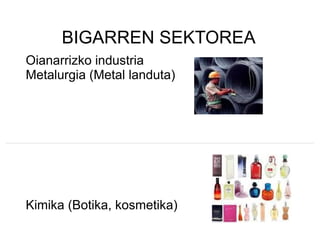 BIGARREN SEKTOREA
Oianarrizko industria
Metalurgia (Metal landuta)




Kimika (Botika, kosmetika)
 