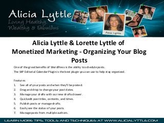 Alicia Lyttle & Lorette Lyttle of
Monetized Marketing - Organizing Your Blog
Posts
One of the great benefits of WordPress is the ability to schedule posts.
The WP Editorial Calendar Plugin is the best plugin you can use to help stay organized.
Features
1. See all of your posts and when they’ll be posted.
2. Drag and drop to change your post dates.
3. Manage your drafts with our new drafts drawer.
4. Quickedit post titles, contents, and times.
5. Publish posts or manage drafts.
6. Easily see the status of your posts.
7. Manage posts from multiple authors.

 
