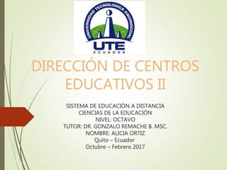 DIRECCIÓN DE CENTROS
EDUCATIVOS II
SISTEMA DE EDUCACIÓN A DISTANCIA
CIENCIAS DE LA EDUCACIÓN
NIVEL: OCTAVO
TUTOR: DR. GONZALO REMACHE B. MSC.
NOMBRE: ALICIA ORTIZ
Quito – Ecuador
Octubre – Febrero 2017
 