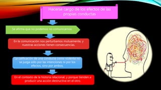 Hacerse cargo de los efectos de las
propias conductas
En la comunicación nos perturbamos mutuamente, y
nuestras acciones tienen consecuencias.
Se afirma que no podemos no comunicarnos
La calificación de una conducta como violenta no
se juzga sólo por las intenciones ni por los
efectos, sino por ambos.
En el contexto de la historia relacional, y porque tienden a
producir una acción destructiva en el otro.
 