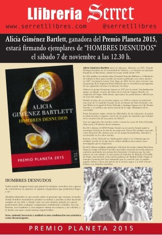 Sábado 7 de noviembre, Alicia Giménez Bartlett, Premio Planeta 2015, estará firmando  'Hombres desnudos', en Librería Serret