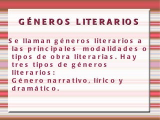 G É N E R O S L IT E R A R IO S

S e lla m a n g é n e r o s lit e r a r io s a
 la s p r in c ip a le s m o d a lid a d e s o
 t ip o s d e o b r a lit e r a r ia s . H a y
 t r e s t ip o s d e g é n e r o s
 lit e r a r io s :
 G é n e r o n a r r a t iv o , lír ic o y
 d r a m á t ic o .
 