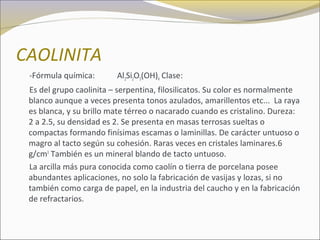 CAOLINITA
-Fórmula química: Al2Si2O5(OH)4 Clase:
Es del grupo caolinita – serpentina, filosilicatos. Su color es normalmente
blanco aunque a veces presenta tonos azulados, amarillentos etc... La raya
es blanca, y su brillo mate térreo o nacarado cuando es cristalino. Dureza:
2 a 2.5, su densidad es 2. Se presenta en masas terrosas sueltas o
compactas formando finísimas escamas o laminillas. De carácter untuoso o
magro al tacto según su cohesión. Raras veces en cristales laminares.6
g/cm3
También es un mineral blando de tacto untuoso.
La arcilla más pura conocida como caolín o tierra de porcelana posee
abundantes aplicaciones, no solo la fabricación de vasijas y lozas, si no
también como carga de papel, en la industria del caucho y en la fabricación
de refractarios.
 